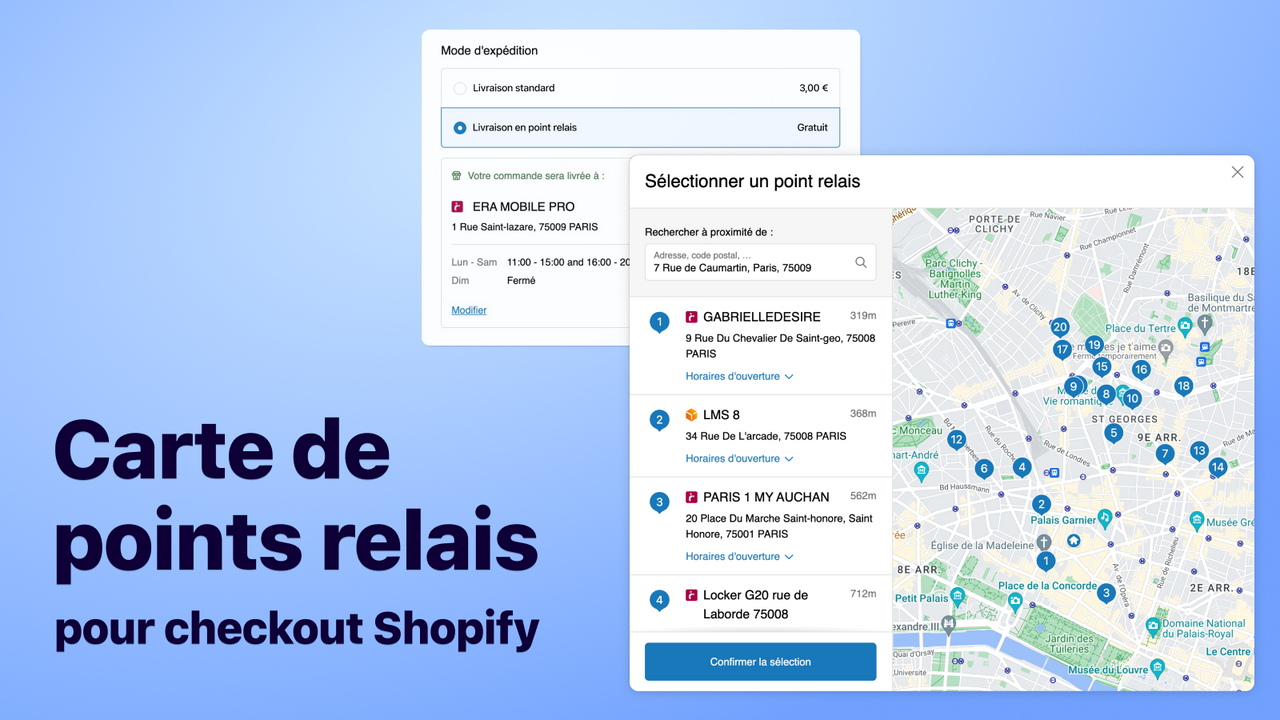 Carte de points relais pour checkout Shopify