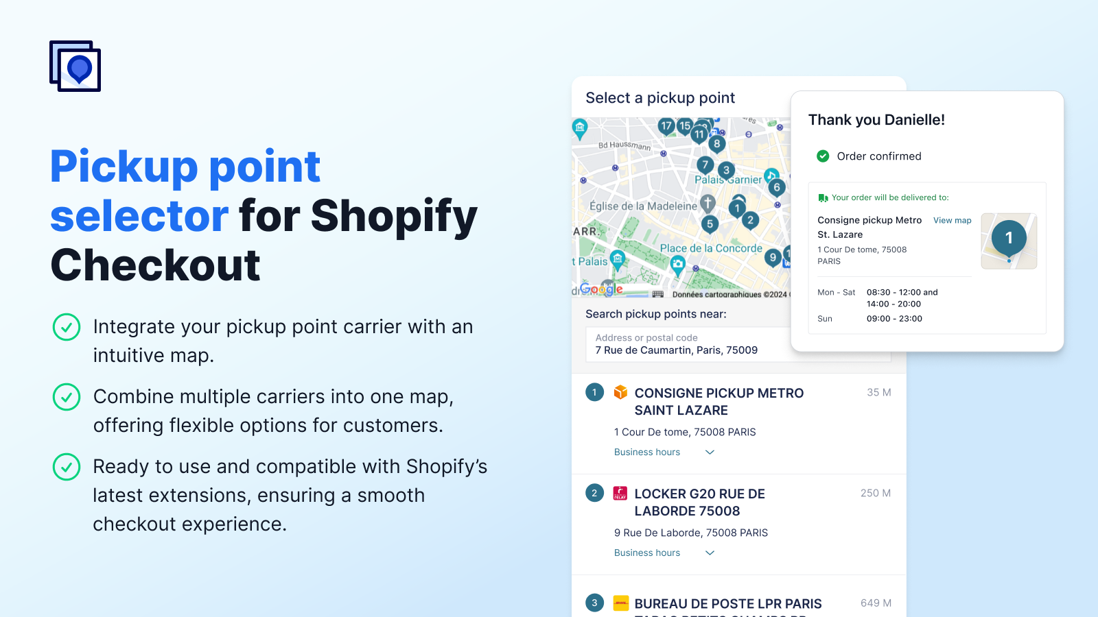 Pickup point map for the Shopify Checkout.