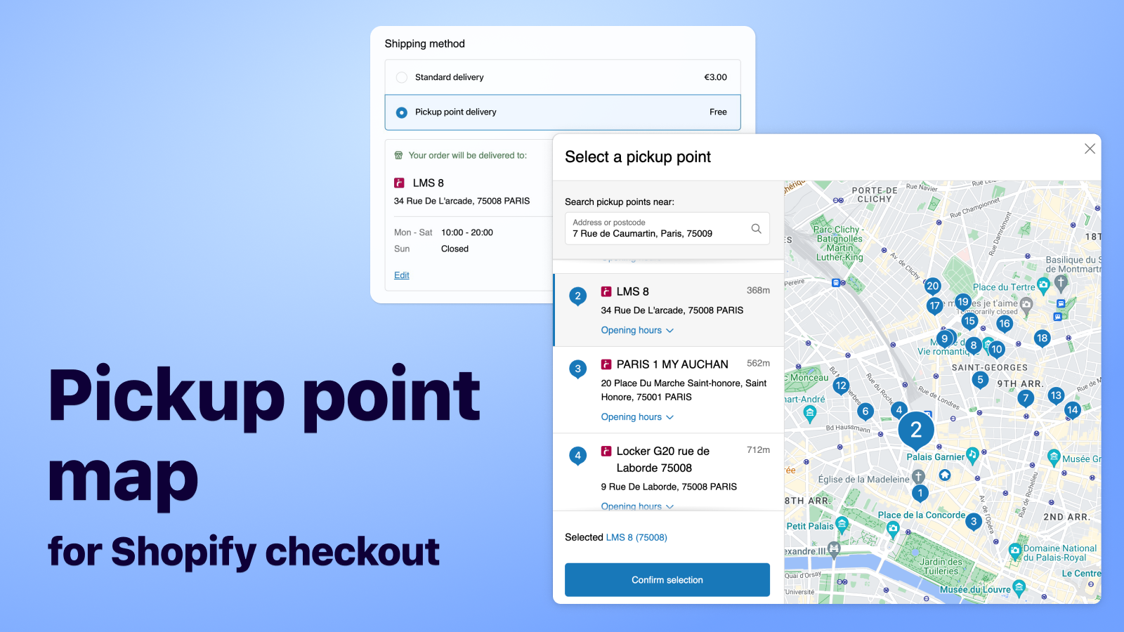 Pickup point map for the Shopify Checkout.