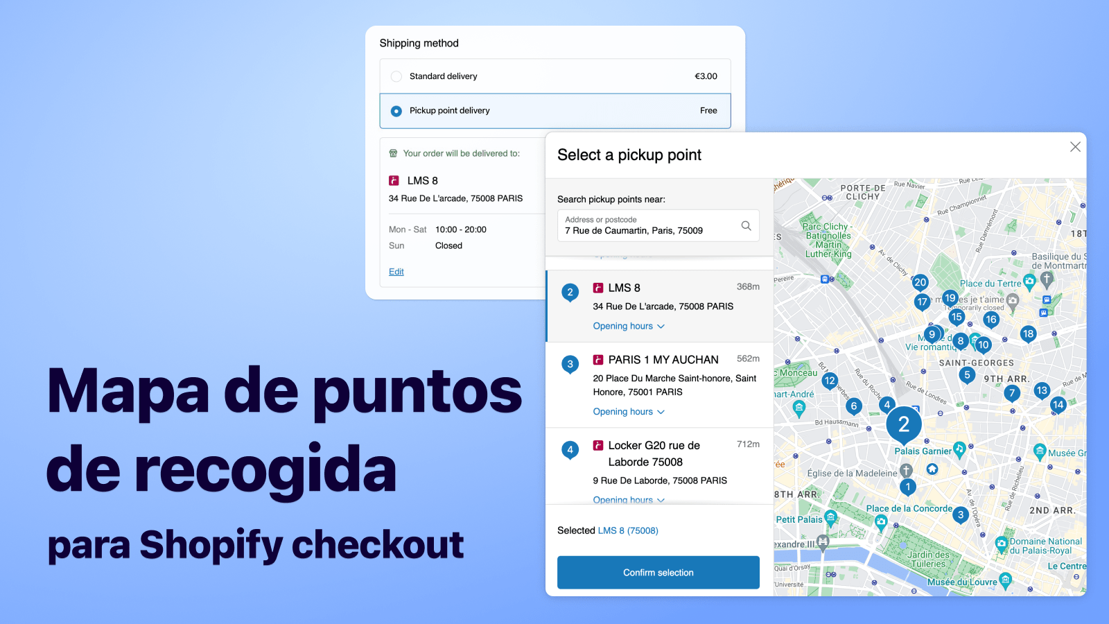 Mapa de puntos de recogida para Shopify Checkout