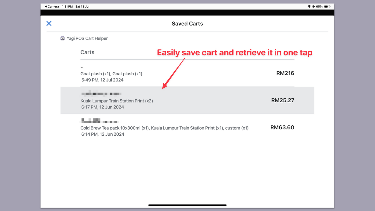 Easily view saved cart and retrieve it to current cart