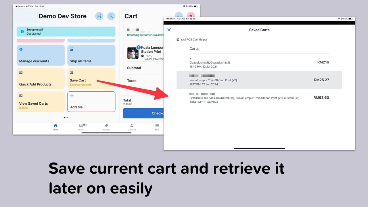 Save current cart and retrieve it later on easily