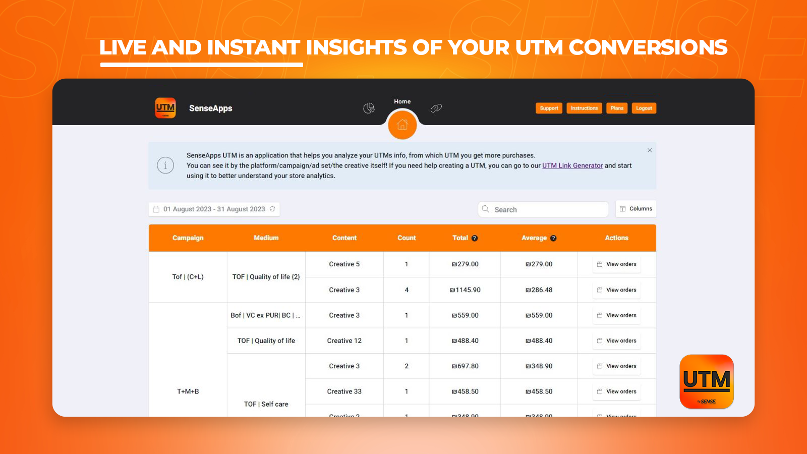 Sense UTM Analytics Screenshot