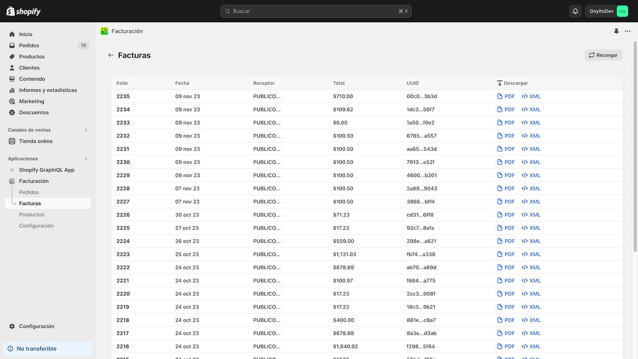 facturas shopify