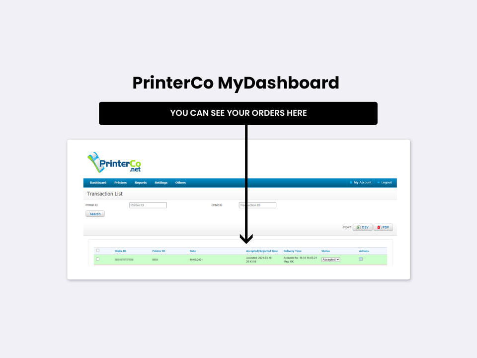 Ceci est la vue de la liste des commandes du panneau MyDashboard de PrinterCo