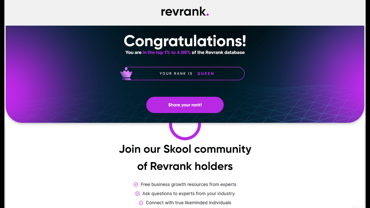Final results page where you get your rank based on your revenue