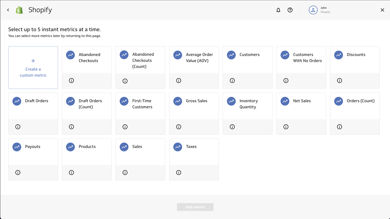 Métricas instantáneas predefinidas de Shopify