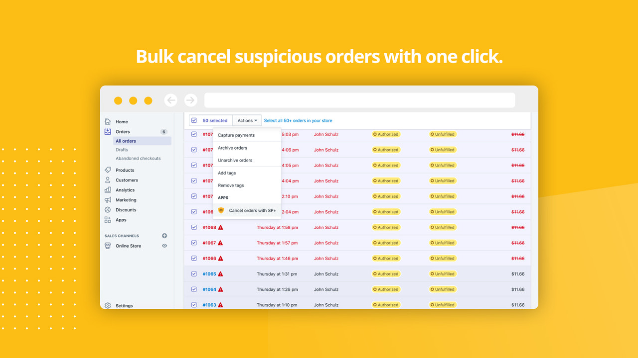 Bulk cancel orders with Shop Protector Plus.
