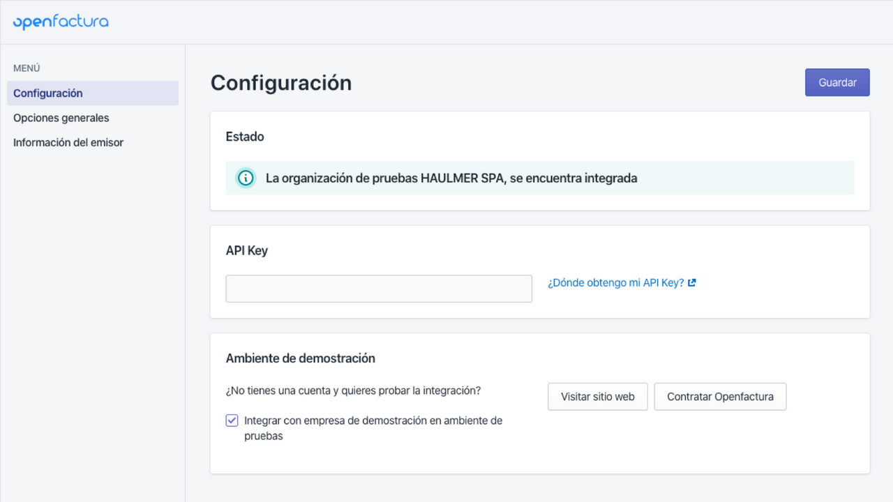 Página de configuración