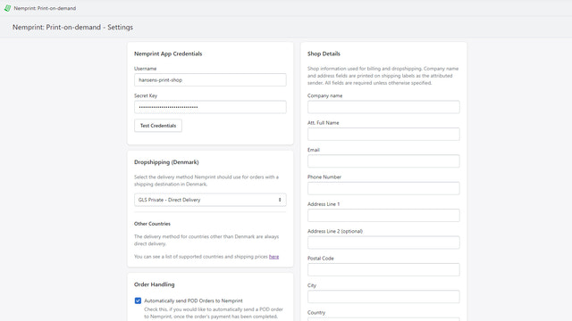 Nemprint: print-on-demand settings page