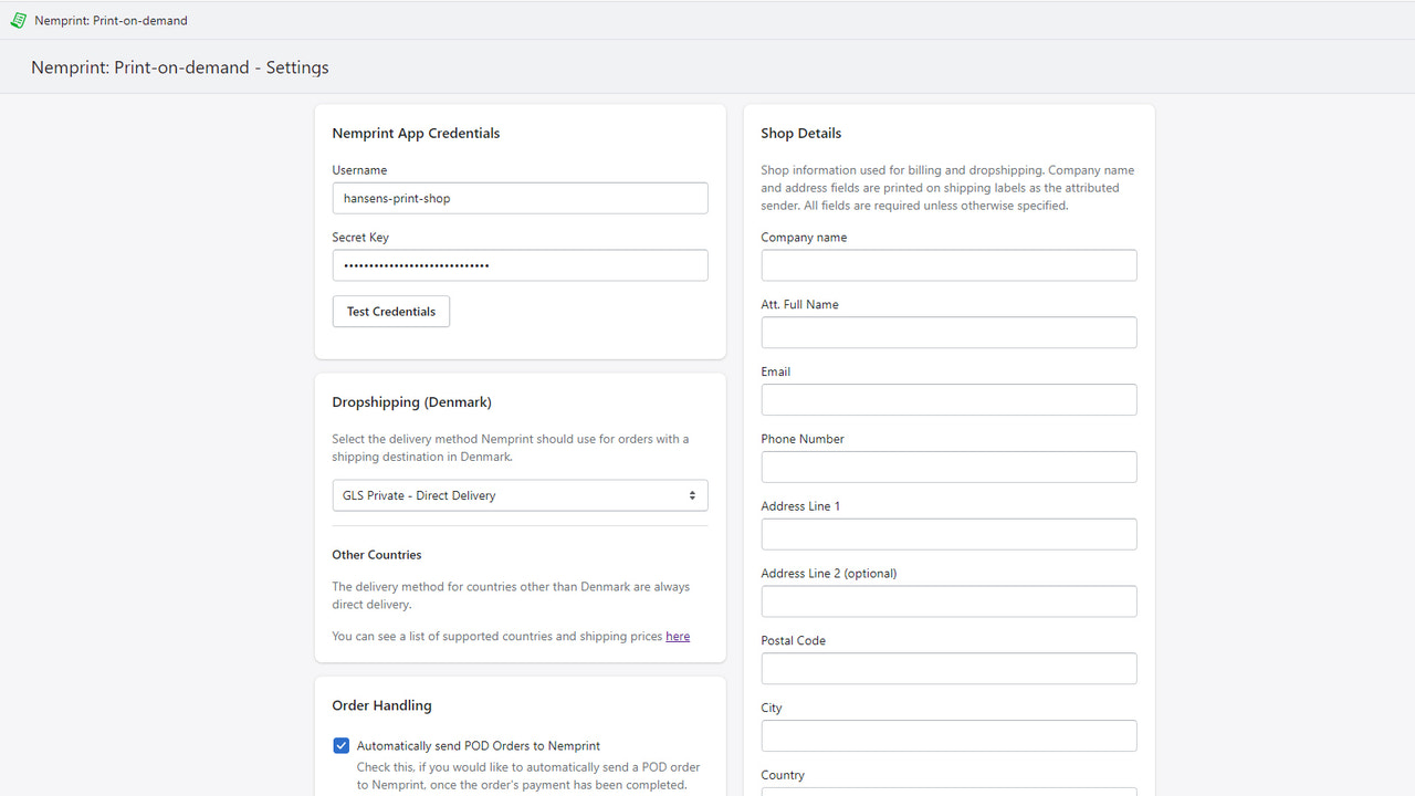 Nemprint: print-on-demand settings page