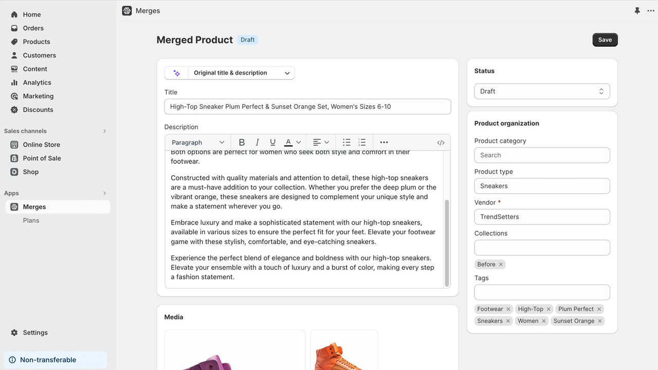 Merges : Fusion de variantes de produits Shopify - Interface