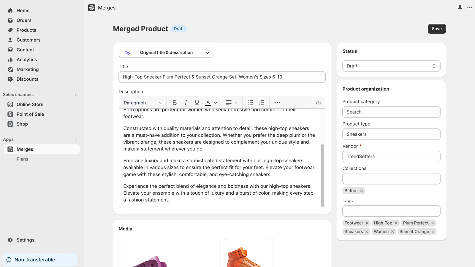 Merges : Fusion de variantes de produits Shopify - Interface