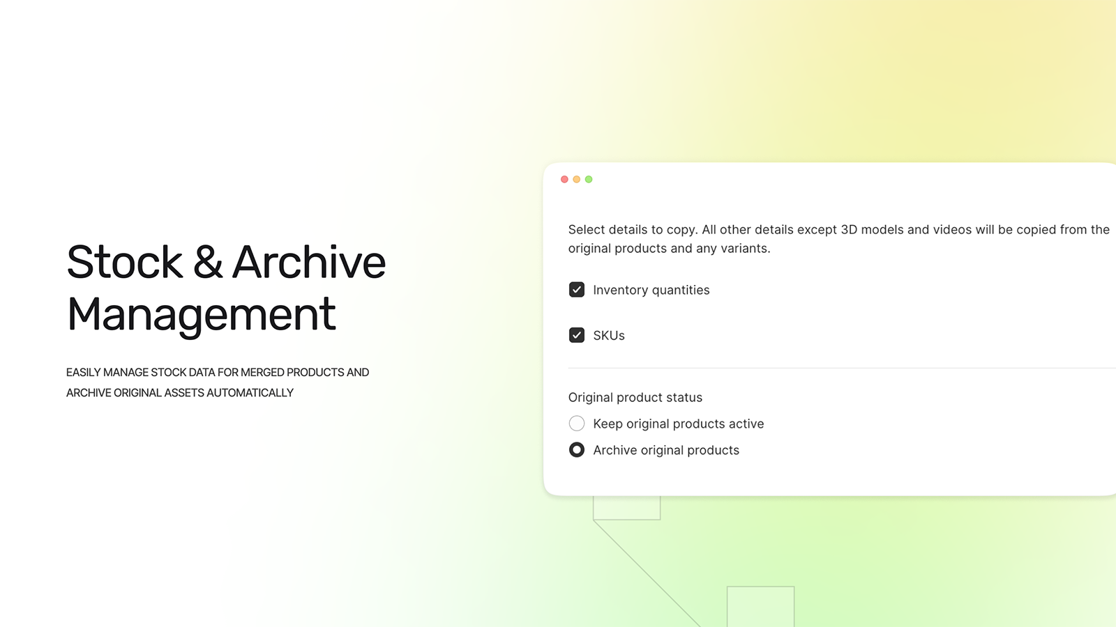 Stock management interface for merged product inventory