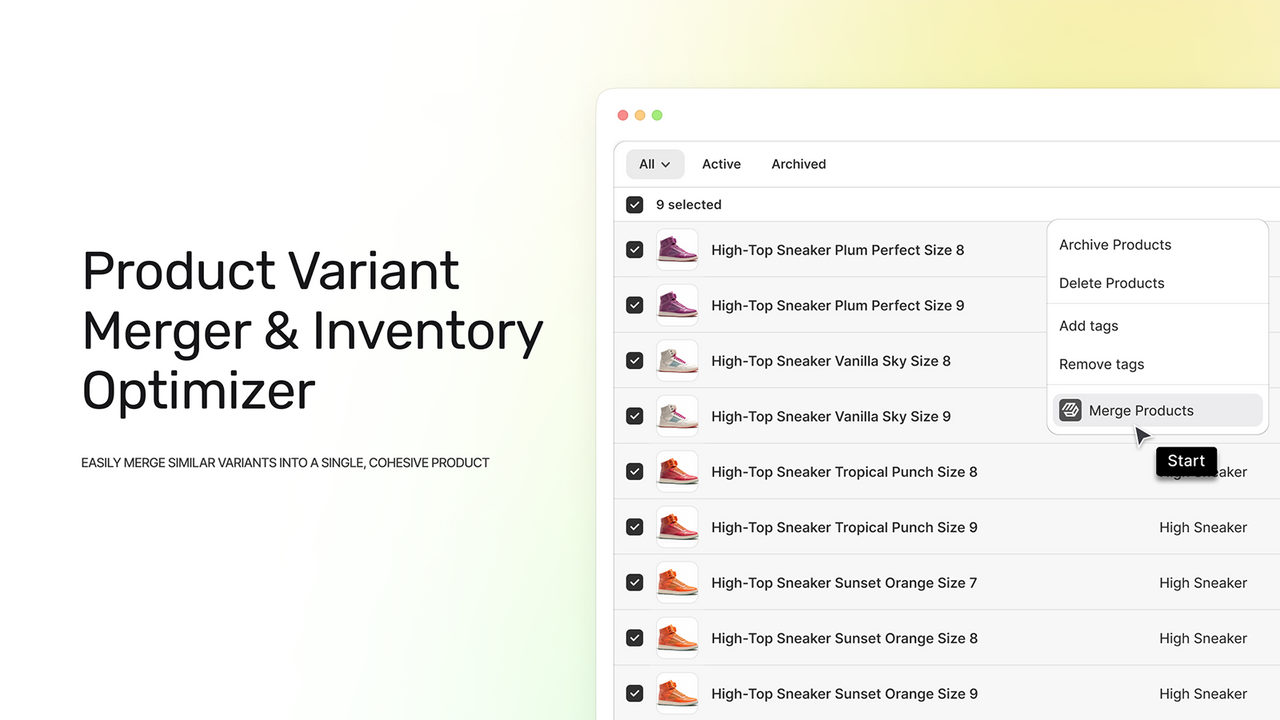 Product variant merger & inventory optimizer interface