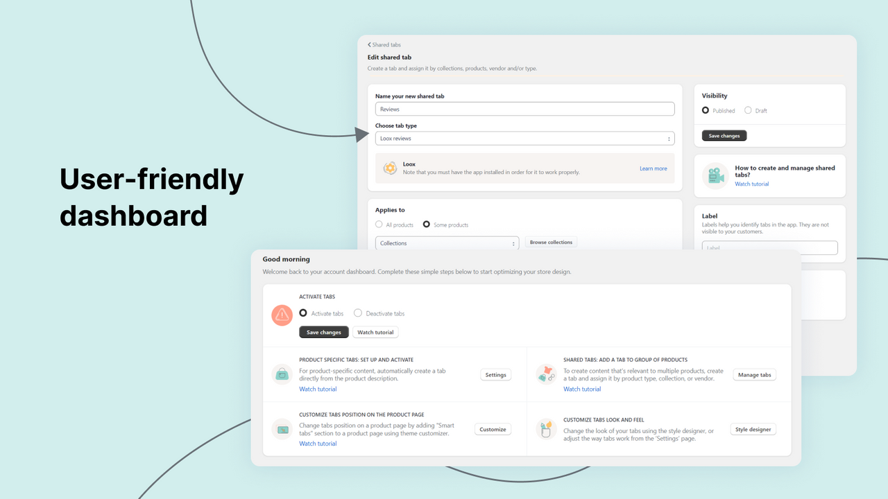 Benutzerfreundliches Dashboard zum Einrichten von Tabs für Shopify Store