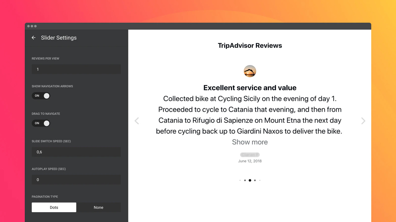 Active review carousel with autoplay and navigation controls