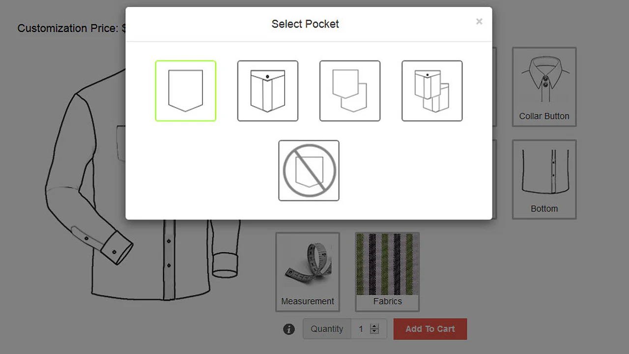 Seleção de estilos/opções da Tailor Shirt no painel de design