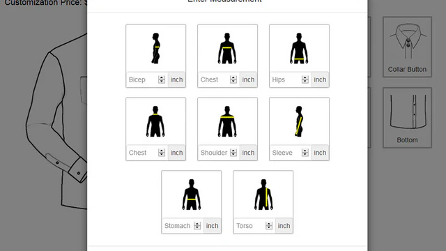 Tailor Shirt measurement entry in the design panel