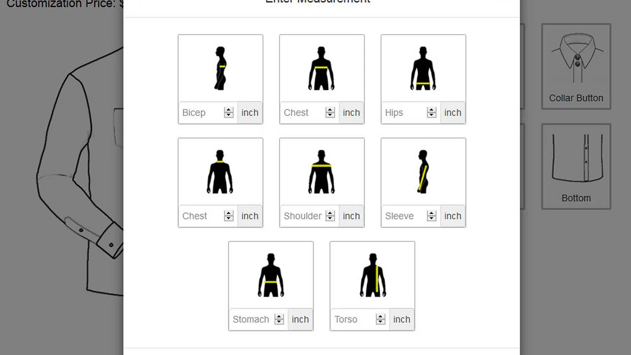 Tailor Shirt measurement entry in the design panel