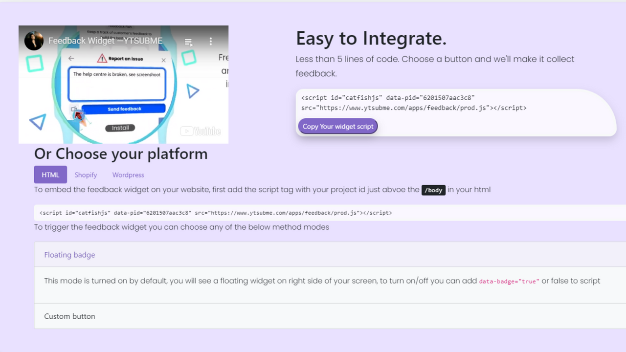 Pour intégrer le widget de feedback sur votre site web, ajoutez d'abord le scri