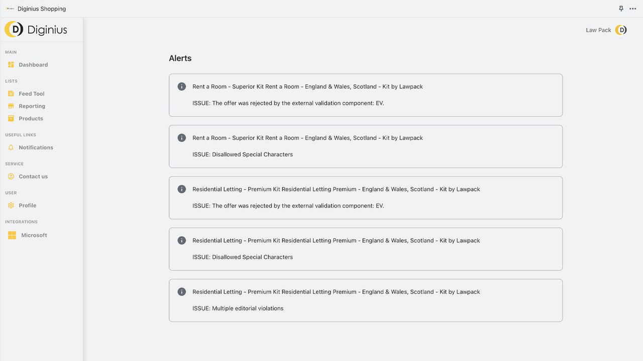 La page d'alerte présentant toutes les erreurs de produit et de flux