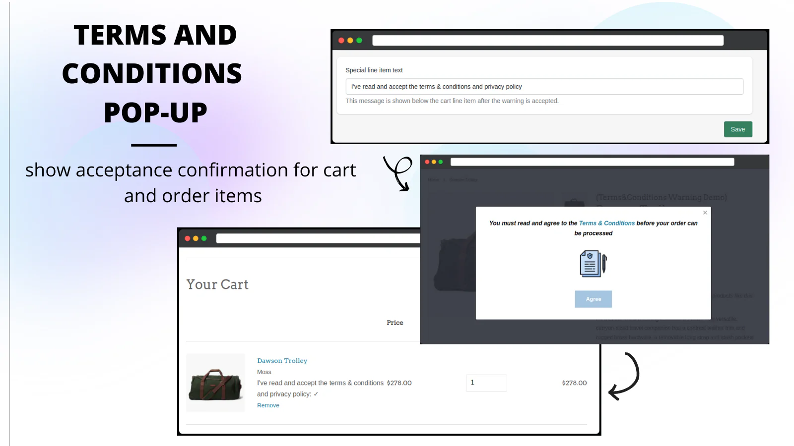 Terms and condition pop-up show acceptance confirmation for cart