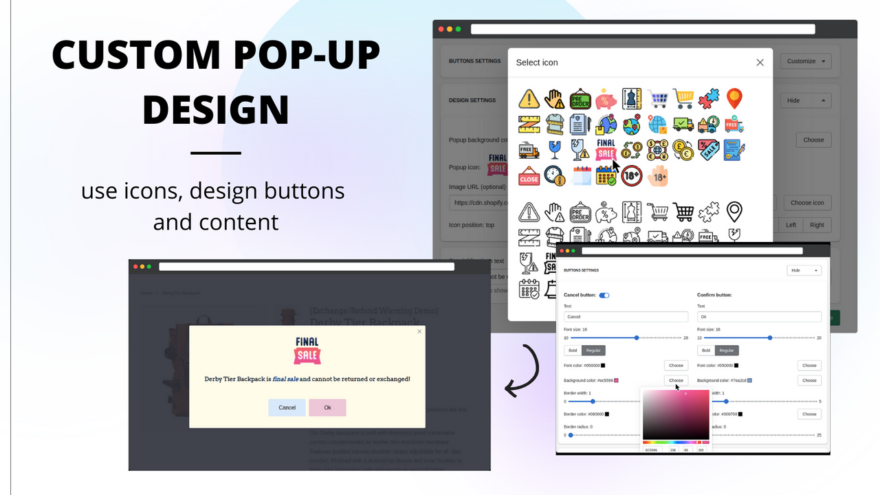 Aangepast pop-up ontwerp gebruik iconen ontwerp knoppen en inhoud