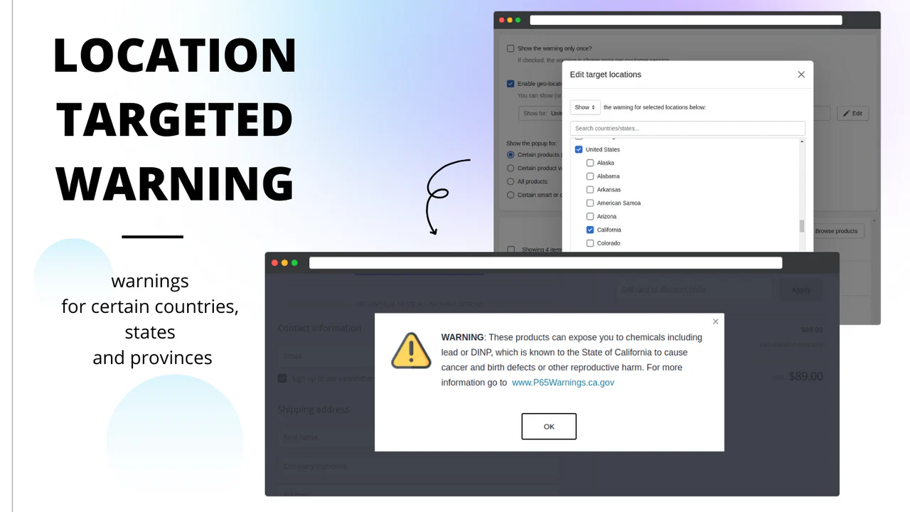 Location targeted warning for certain countries states provinces