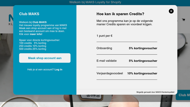 Loyalty-programma pop-up scherm 