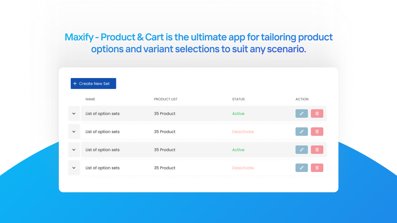 Maxify - liste des options dans le tableau de bord