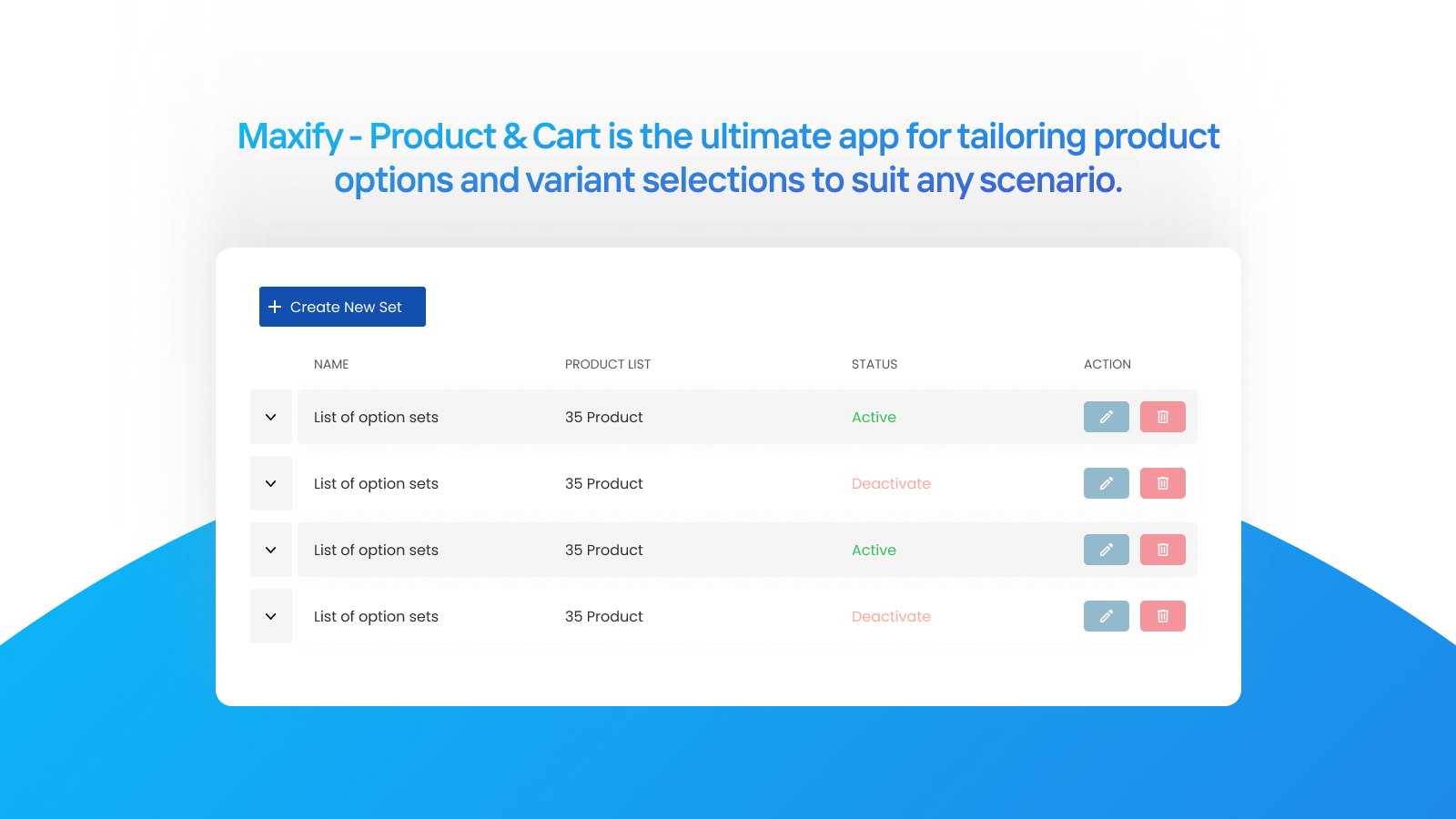 Maxify - Liste der Optionen im Dashboard