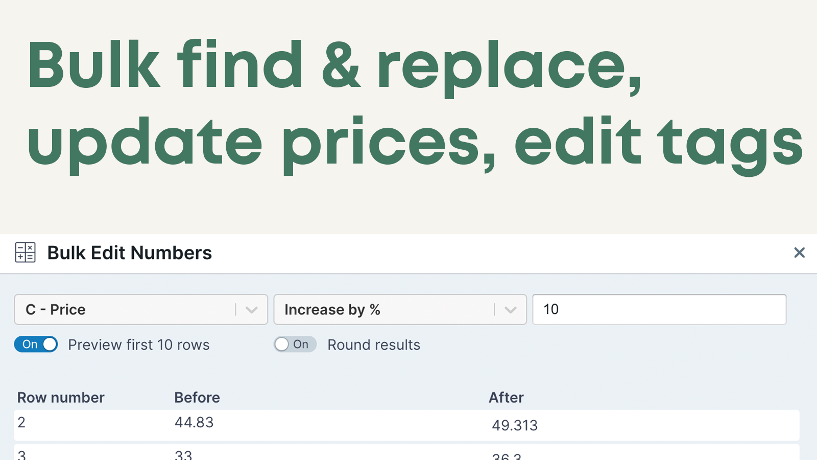 Bulk find & replace, update prices, edit tags