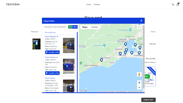 Mapa com localidades dos e-Box