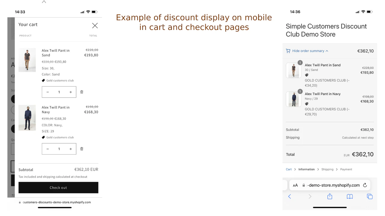 Example of discount display on mobile in cart and checkout