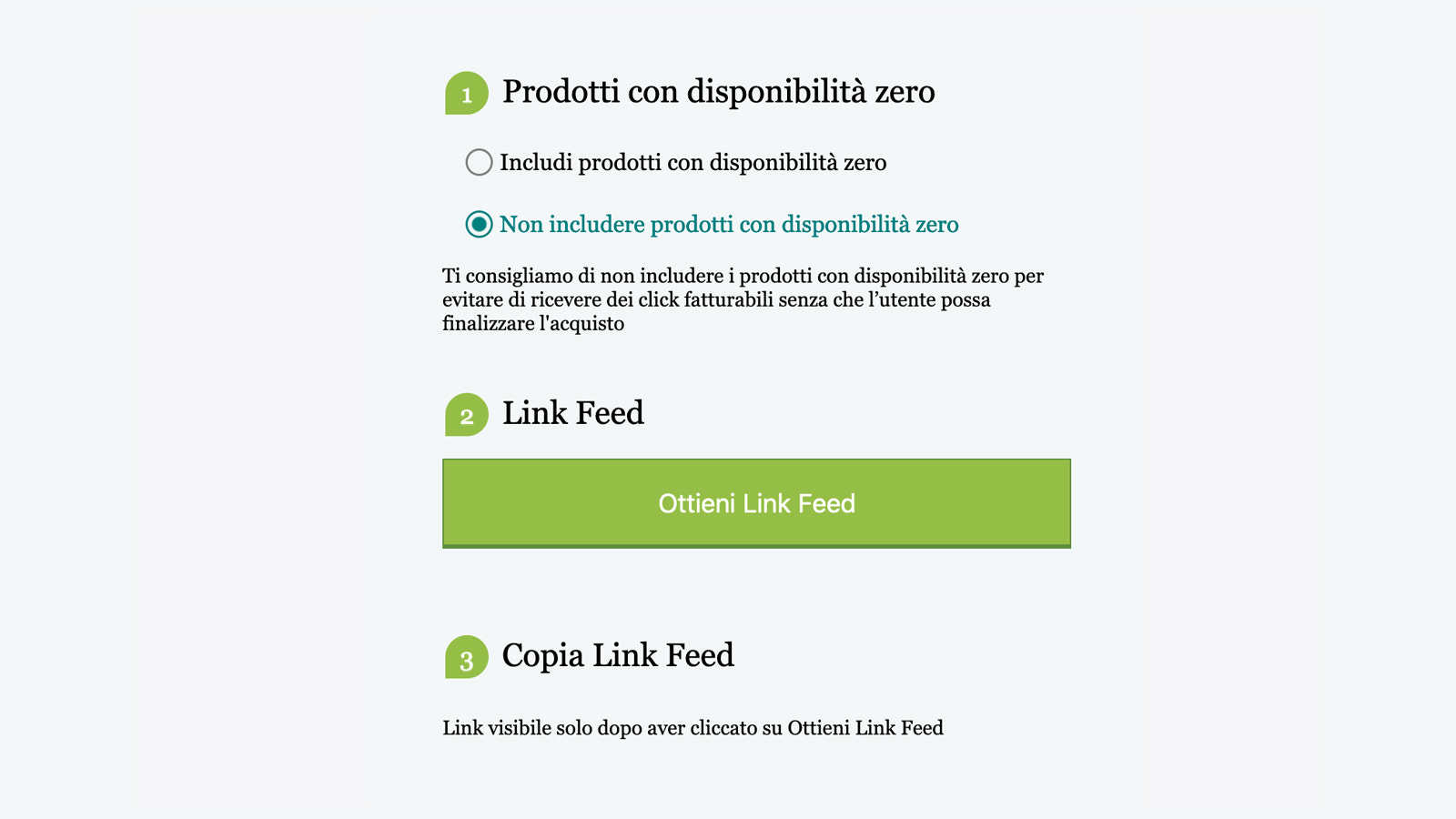 Ottieni Link Feed per esportare il tuo catalogo