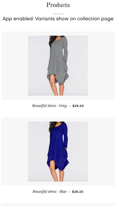 App enabled: Variants show on collection page