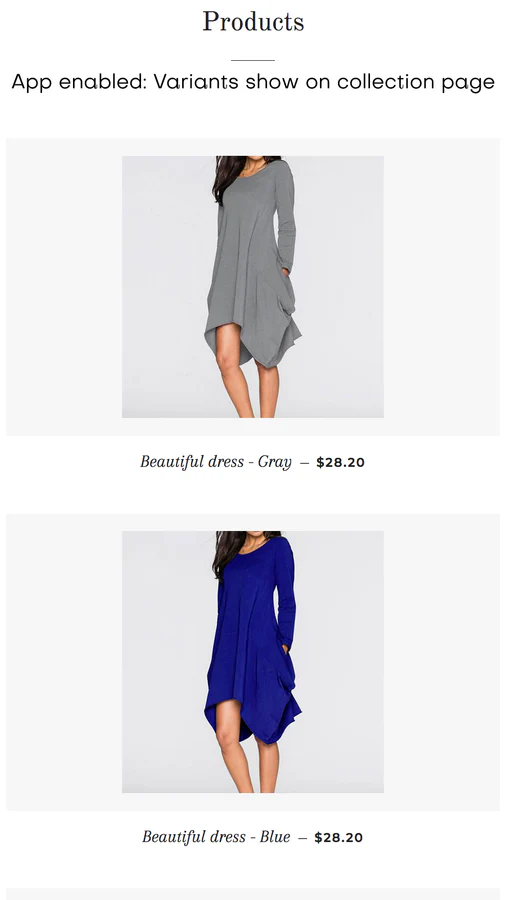 App enabled: Variants show on collection page