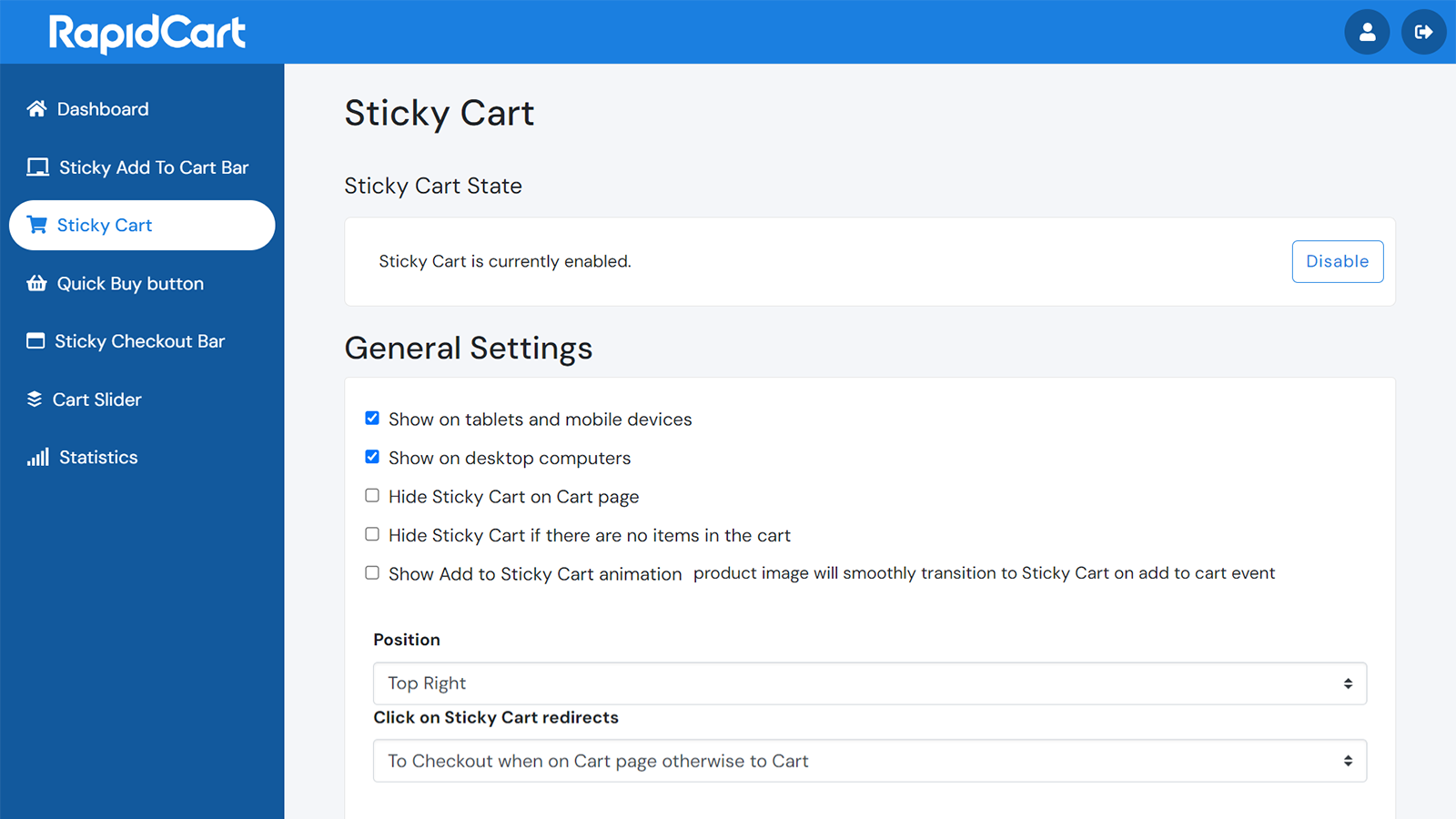 Sticky cart pages of User dashboard