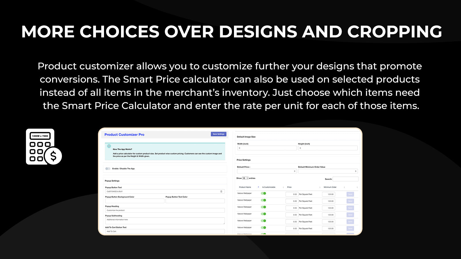 MS Custom SizePrice Calculator Screenshot