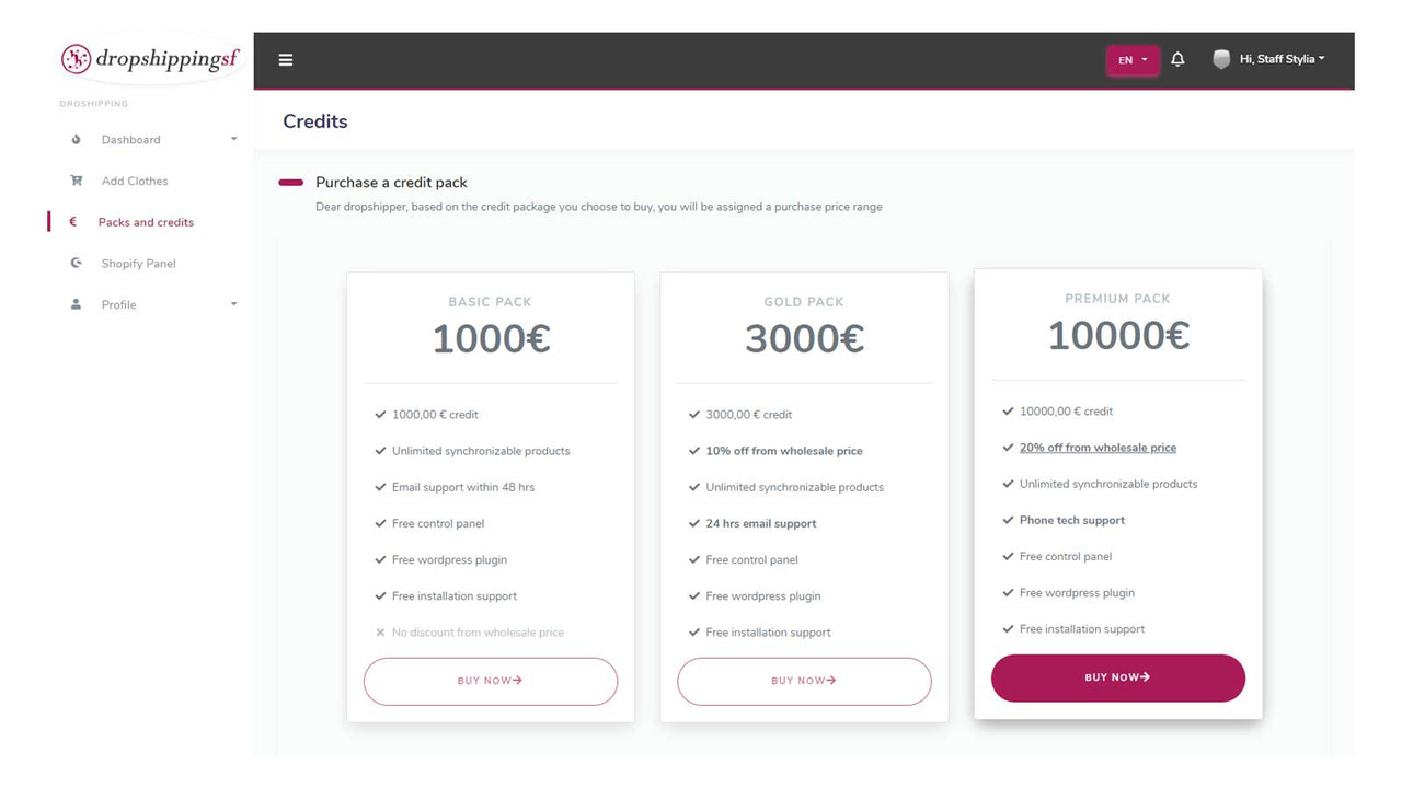 Buy your credits and get benefits based on your level
