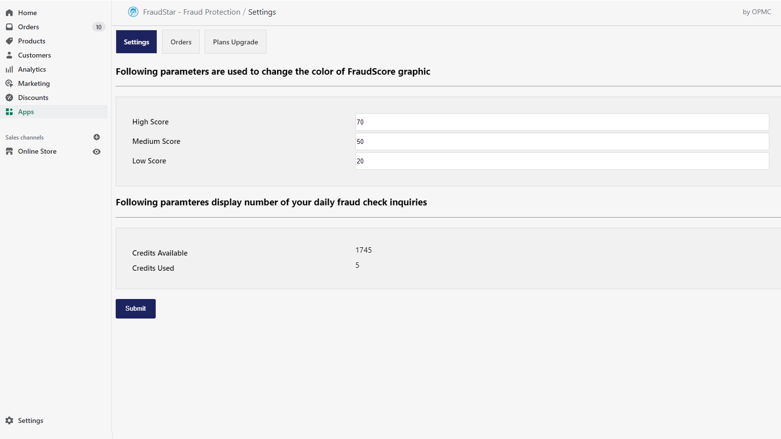 Página de configuración de FraudStar