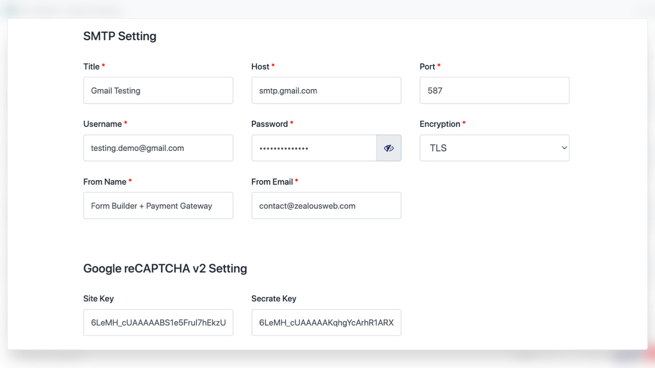 SMTP and reCaptcha v2 settings