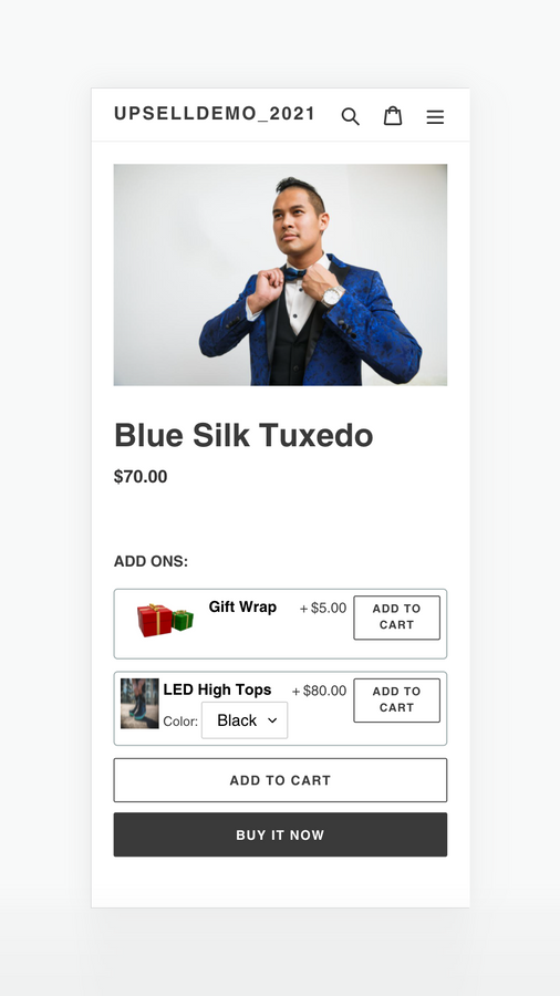 Example mobile product page with addons