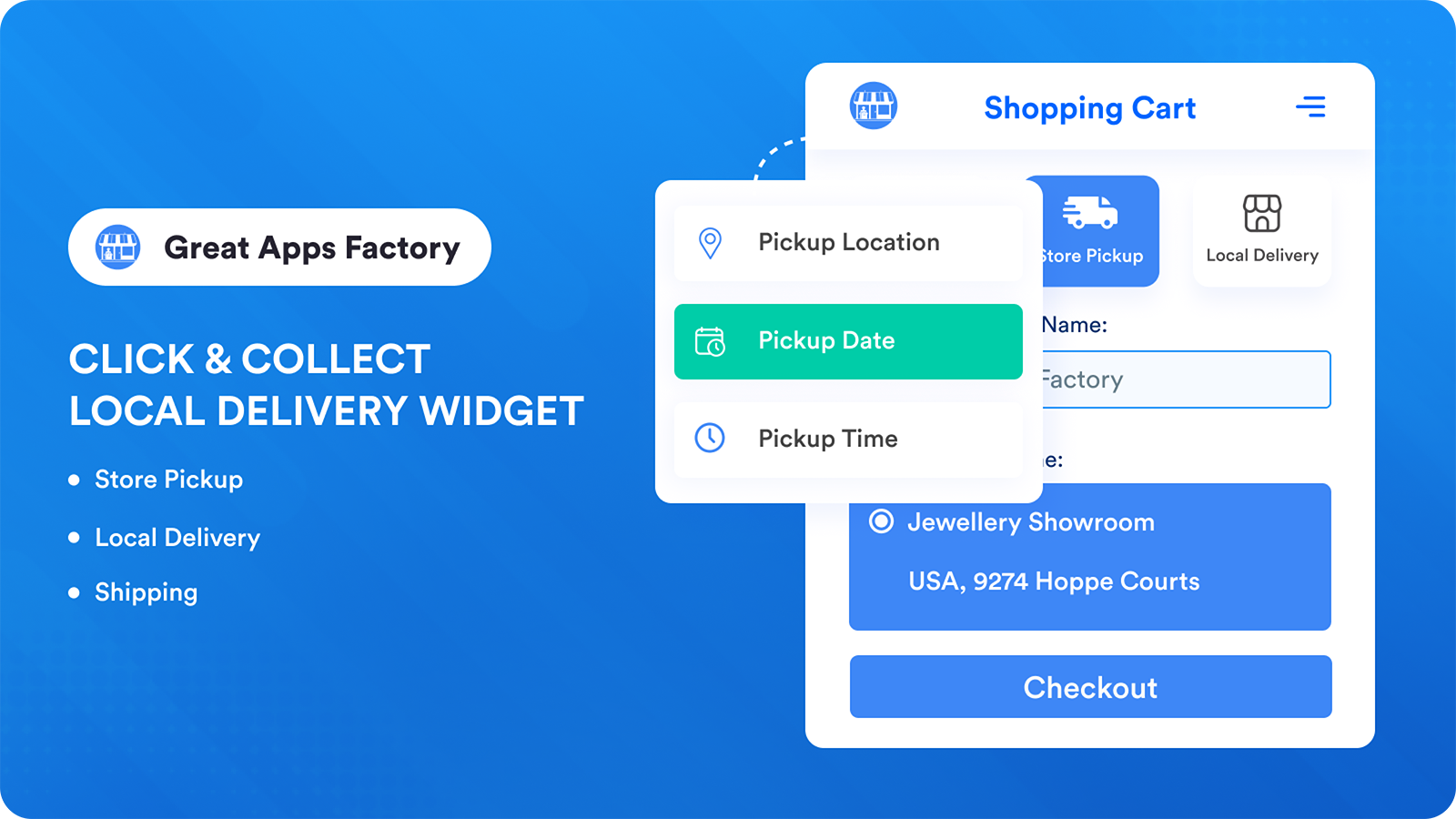 Widget toont op winkelwagenpagina voor Afhalen, Bezorgen en Verzending optie