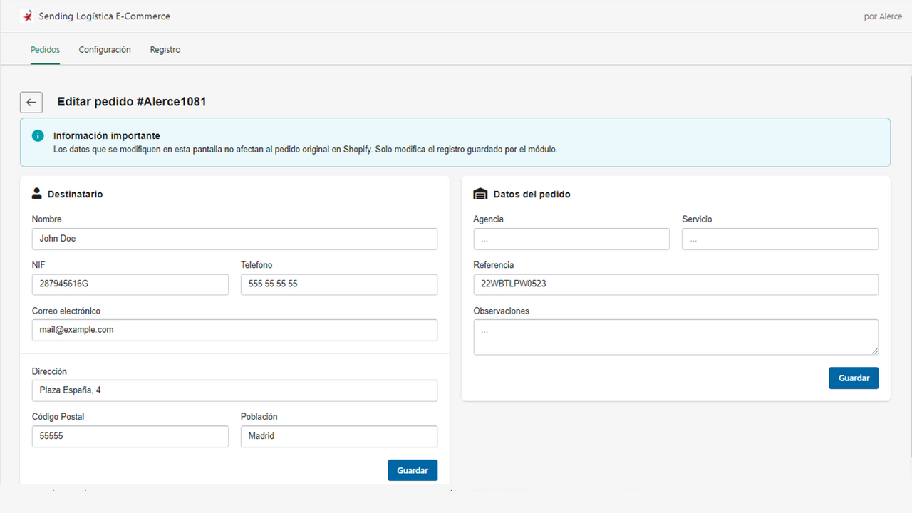 Modificación previa de datos del pedido antes de enviar