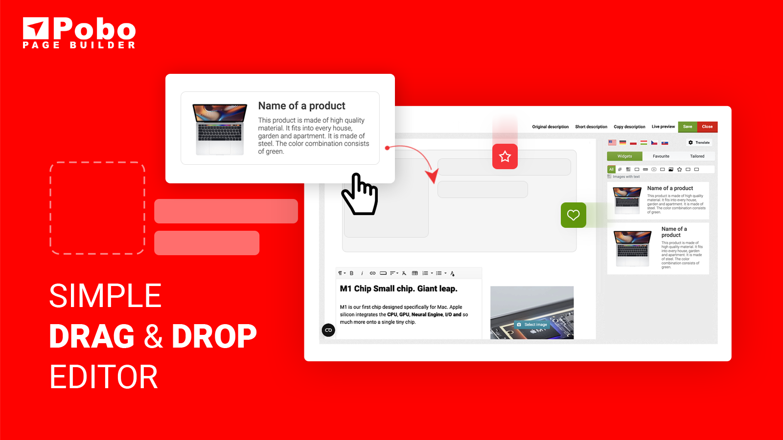 Ein einfacher Drag & Drop-Editor zur Erstellung schöner Produktseiten.