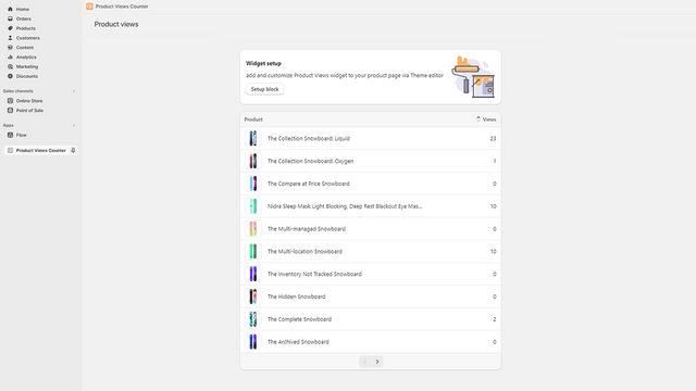 Page d'accueil de l'application PVC - Compteur de vues de produit