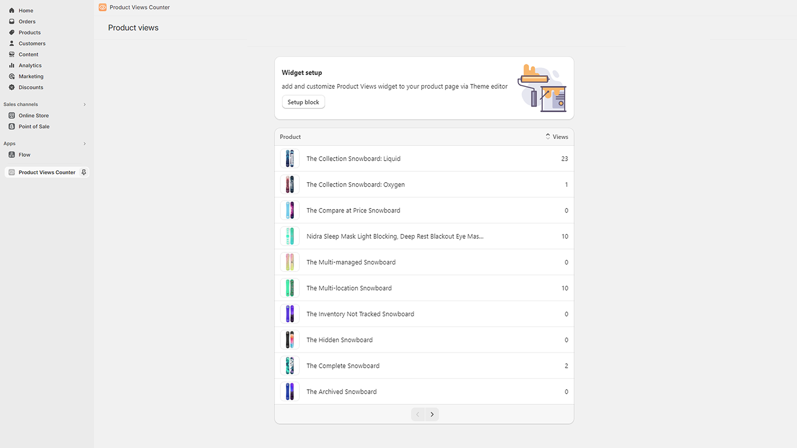 Page d'accueil de l'application PVC - Compteur de vues de produit