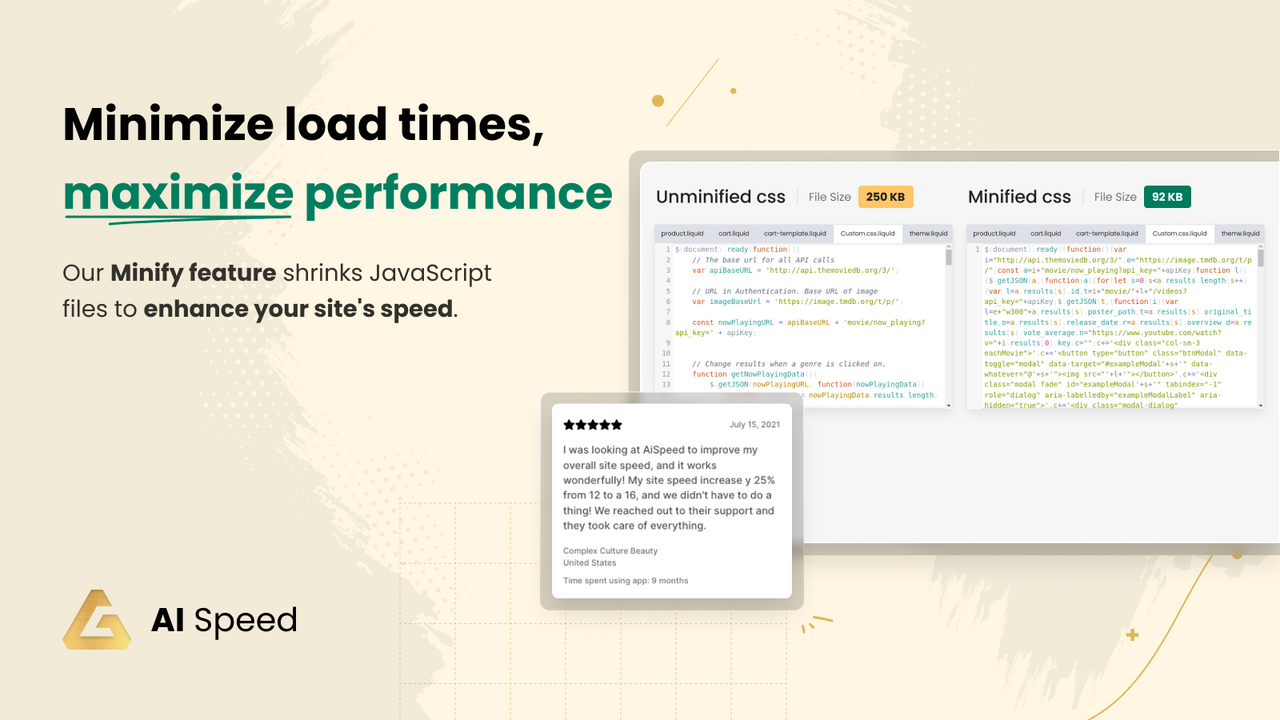 Vores Minify-funktion krymper JavaScript-filer for at forbedre din hjemmeside